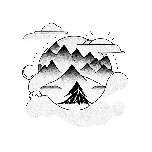 Design a tattoo that represents your love for camping and bettering yourself, featuring a silhouette of a hiker standing on a mountain peak with a rising sun in the background, incorporating elements of Chinese waves. tattoo design idea