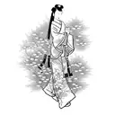 Incorporate your passion for walking and oriental Japanese style by creating a tattoo of a serene geisha gracefully walking on a traditional Japanese bridge, surrounded by delicate cherry blossom petals. tattoo design idea