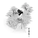Incorporate your passion for walking and oriental Japanese style by creating a tattoo of a serene geisha gracefully walking on a traditional Japanese bridge, surrounded by delicate cherry blossom petals. tattoo design idea