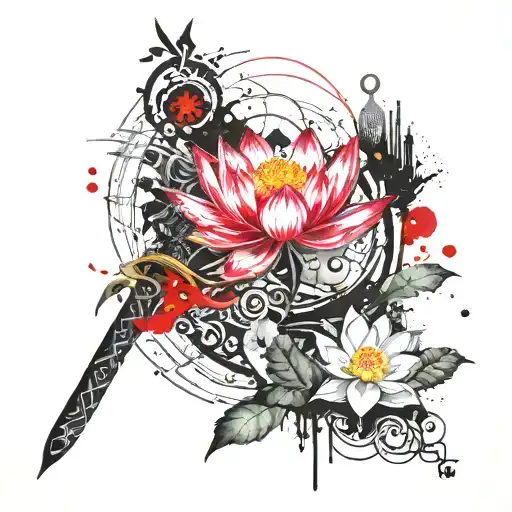 sword and scale with a sunrise a gre lotus flower blooming  tattoo design idea