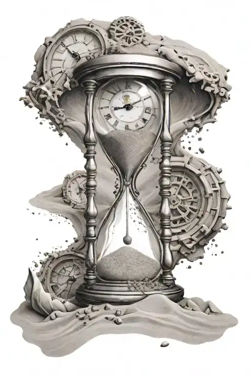 hourglass with a clock inside the top part of the hourglass breaking into sand falling into the bottom of the hourglass tattoo design idea