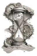 hourglass with a clock inside the top part of the hourglass breaking into sand falling into the bottom of the hourglass tattoo design idea