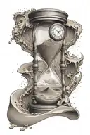 hourglass with a clock inside the top part of the hourglass breaking into sand falling into the bottom of the hourglass tattoo design idea