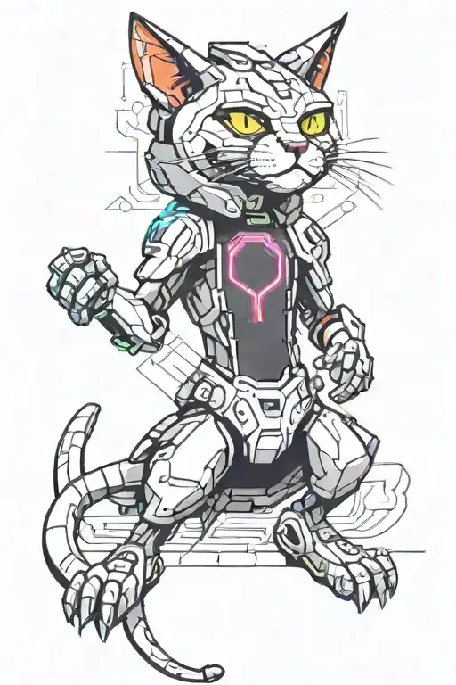 A cybernetic cat with neon accents and futuristic elements tattoo design idea
