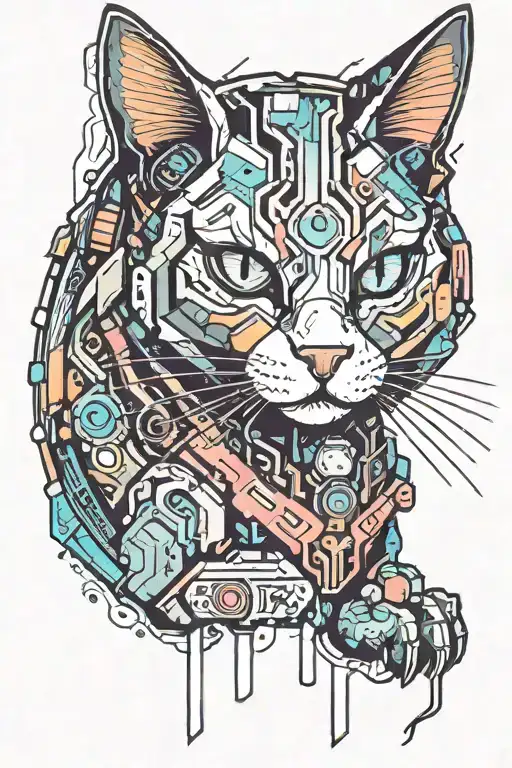 A cat with neon accents and futuristic elements tattoo design idea