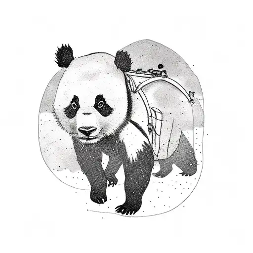 A minimalist tattoo of a group of hikers trekking through the Australian Outback, with a small panda following along on the journey tattoo design idea