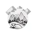 A minimalist tattoo of a group of hikers trekking through the Australian Outback, with a small panda following along on the journey tattoo design idea