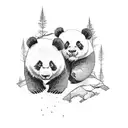 A minimalist tattoo of a group of hikers trekking through the Australian Outback, with a small panda following along on the journey tattoo design idea