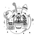 A futuristic sci-fi inspired tattoo of a DJ booth surrounded by neon lights and festival goers, with a small panda hidden in the background tattoo design idea