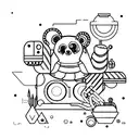 A futuristic sci-fi inspired tattoo of a DJ booth surrounded by neon lights and festival goers, with a small panda hidden in the background tattoo design idea