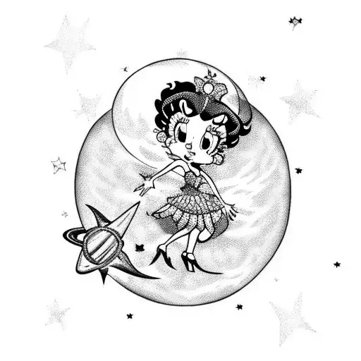 Betty boop on a moon with stars and planets above tattoo design idea