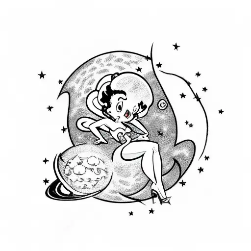 Betty boop sitting on a moon with stars and planets under  tattoo design idea