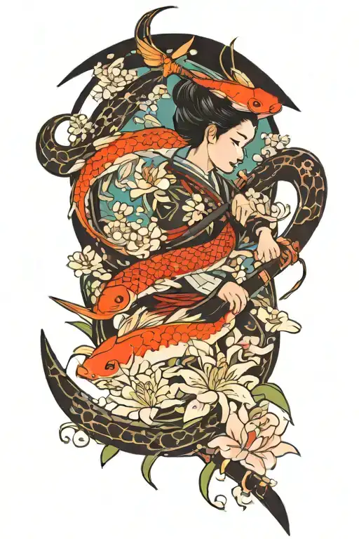 katana surrounded by koi fish, cherry blossoms and spider lilies  tattoo design idea