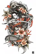 katana surrounded by koi fish, cherry blossoms and spider lilies  tattoo design idea
