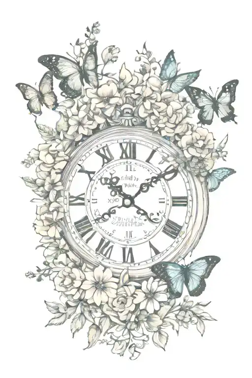 clock flowers butterflies  tattoo design idea