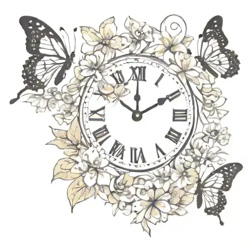 clock flowers butterflies  tattoo design idea