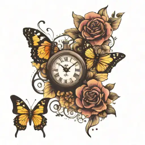 clock flowers butterflies  tattoo design idea
