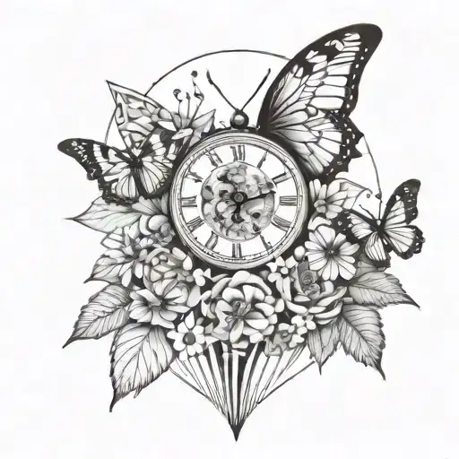clock flowers butterflies  tattoo design idea