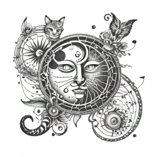 A dotwork tattoo of a sun and moon made of music instruments and cat silhouettes tattoo design idea