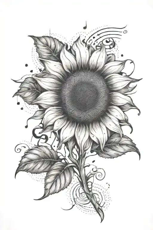 A dotwork tattoo of a sunflower blooming under a sun with music notes floating around tattoo design idea