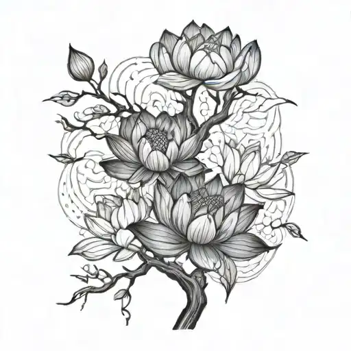 tree branch with lotus flowers intertwined tattoo design idea
