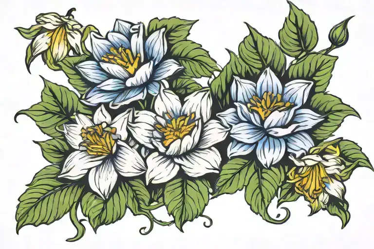 marigold, daffodil, morning glory, water lily on creeping vine tattoo design idea