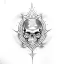 A gothic-inspired tattoo featuring an intricate design of a skull surrounded by dark and mysterious symbols tattoo design idea