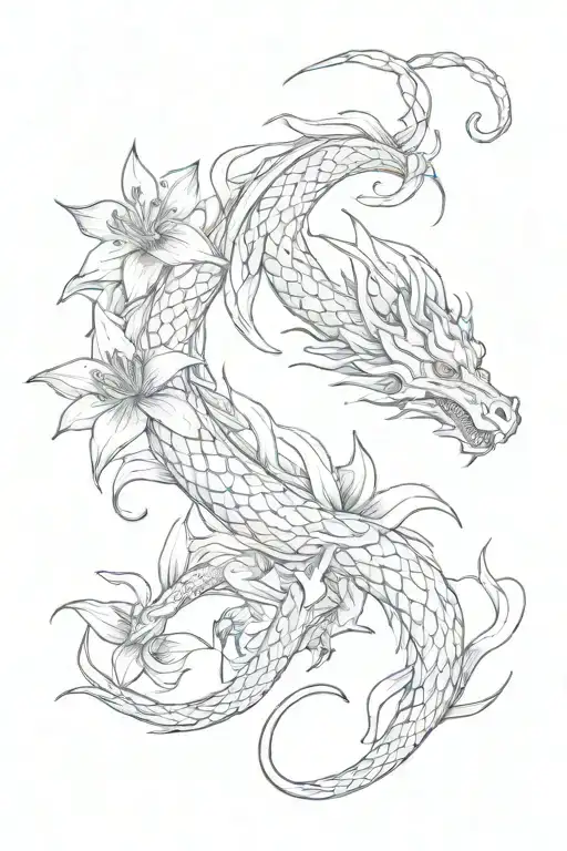 dragon slender feminine red lily downward tattoo design idea