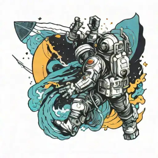cyberpunk astronaut with his hand outstretched upwards through the waves of time from darkness into light bright life tattoo design idea