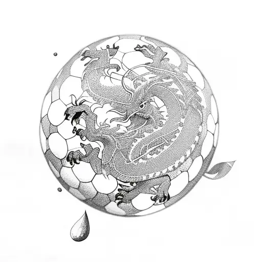 A majestic dragon wrapped around a soccer ball, with cherry blossom petals falling around them tattoo design idea