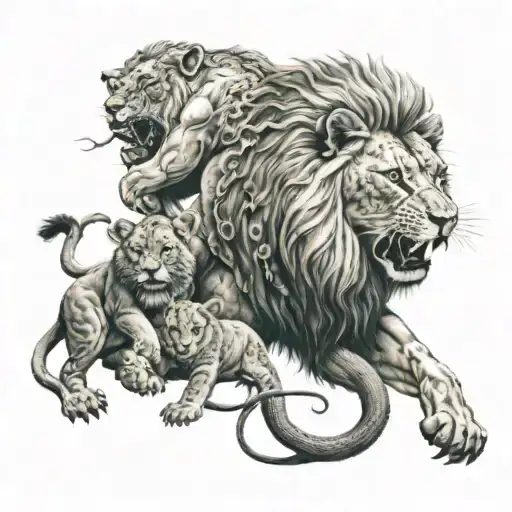 lion defeating a serpant with his 3 cubs below tattoo design idea