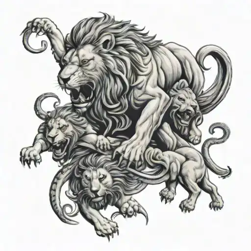 lion defeating a serpant with his 3 cubs below tattoo design idea