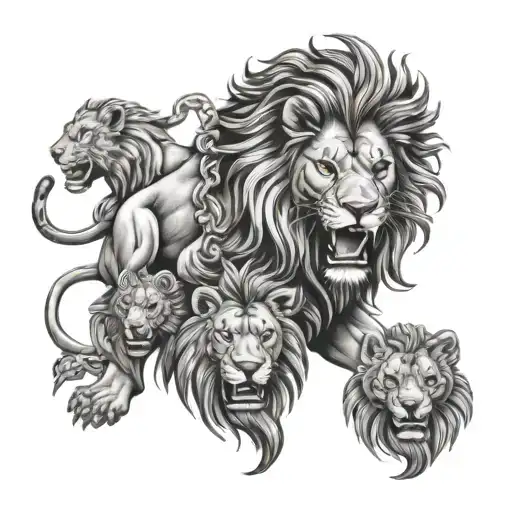 black and grey of a Lion protecting his pride by defeating a serpent with his 3 cubs and lioness present tattoo design idea
