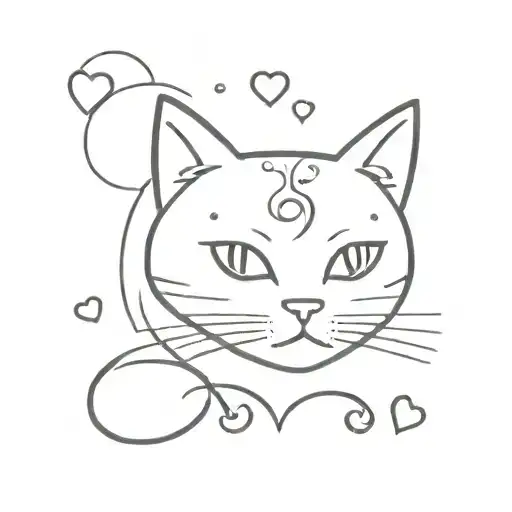 cat outline with sparkles and hearts around it. korean style, simple tattoo design idea