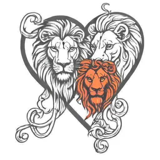 heart shaped lion and lioness head tattoo design idea