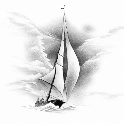 A black and grey ship sailing through stormy waves, representing the client's love for sailing and adventure tattoo design idea