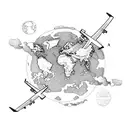 An airplane flying over a world map, showcasing the client's love for travel and exploration, in a dotwork style tattoo design idea