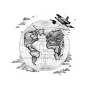 An airplane flying over a world map, showcasing the client's love for travel and exploration, in a dotwork style tattoo design idea