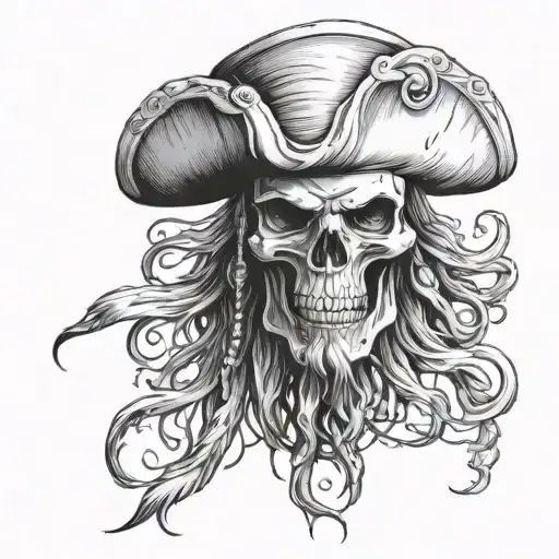 Detailed portrait of a pirate skull, in MTILN realism, in a triangular hat, in the style of Kraken tentacles long, tattoo design idea