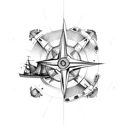 Ancient ship, broken compass tattoo design idea