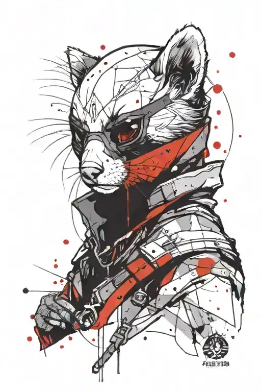 a minimal portrait of thin & light female ferret styled as assassin from "assassin's creed" game & logo in costume. tattoo design idea