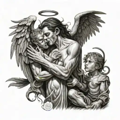 angel whipsering amd demon whispering tattoo design idea