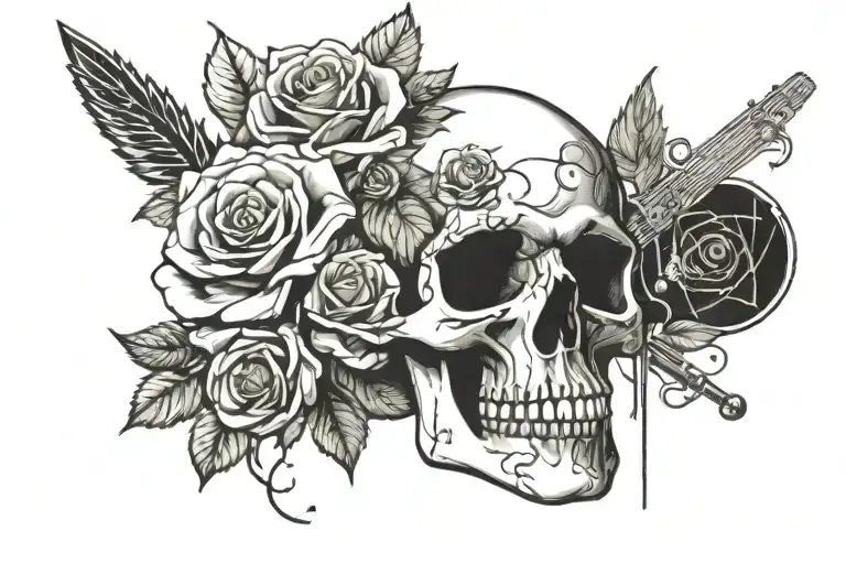 A music-themed skull with roses intertwined, inspired by Guns n Roses and Led Zeppelin tattoo design idea