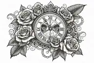 A clock centrepiece, with an eye, roses, clouds and celtic symbol for sister tattoo design idea