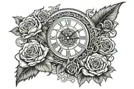 A clock centrepiece, with an eye, roses, clouds and celtic symbol for sister tattoo design idea