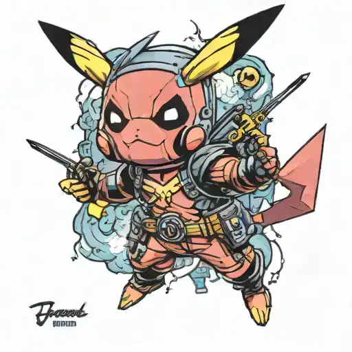 pikachu wearing deadpool full color tattoo design idea
