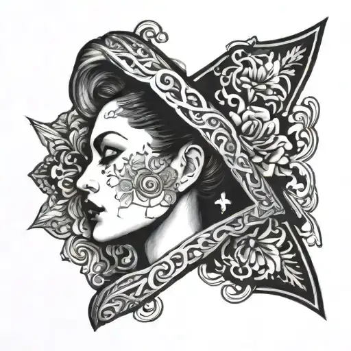 This features a detailed, black-and-white illustration of a woman's profile within an upside-down cross shape. The woman tattoo design idea