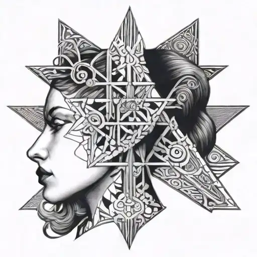 This features a detailed, black-and-white illustration of a woman's profile within an upside-down cross shape. The woman tattoo design idea