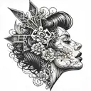 This features a detailed, black-and-white illustration of a woman's profile within an upside-down cross shape. The woman tattoo design idea
