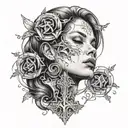 This features a detailed, black-and-white illustration of a woman's profile within an upside-down cross shape. The woman tattoo design idea